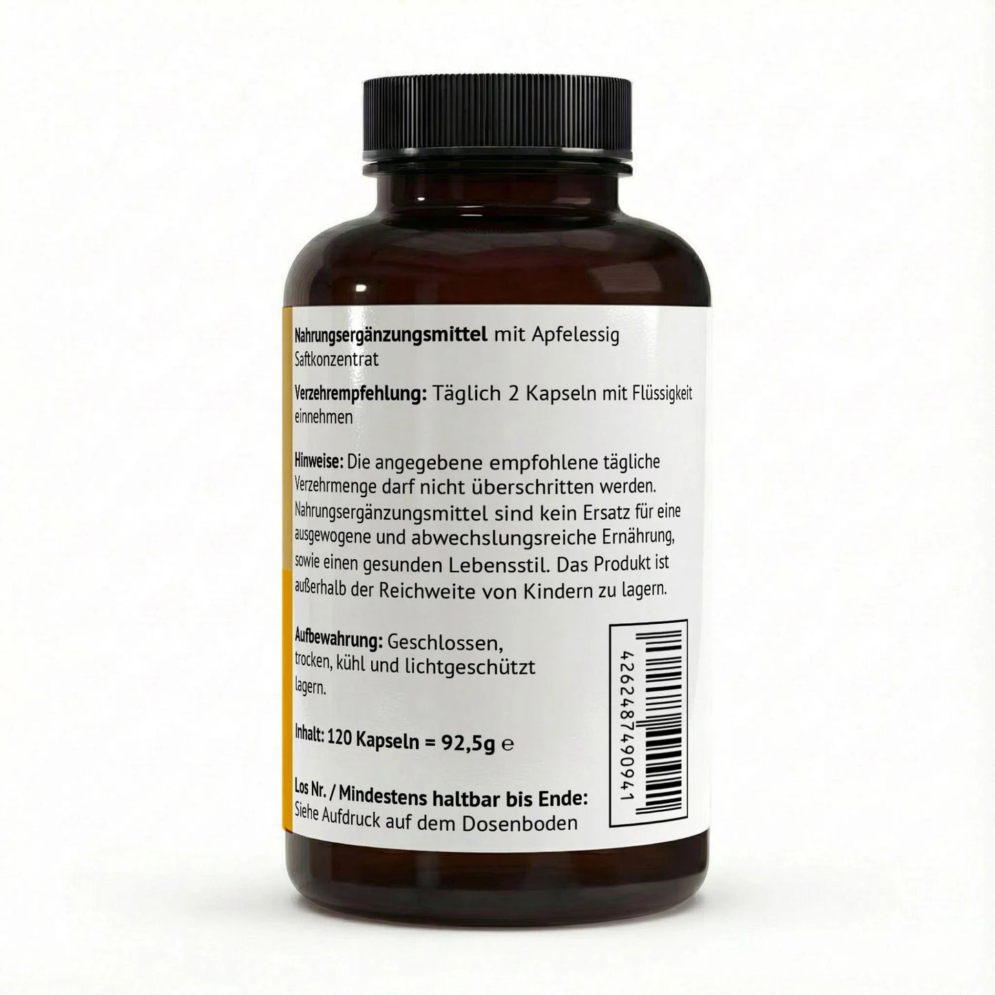 Rückseite der Apfelessig Kapseln mit Verzehrempfehlung (2 Kapseln täglich) und Lagerungshinweisen.