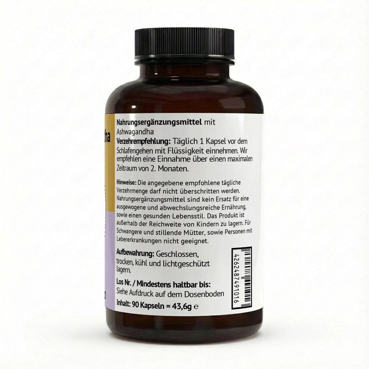 Rückseite der Ashwagandha-Dose mit Informationen zur täglichen Einnahme von 1 Kapsel vor dem Schlafengehen.