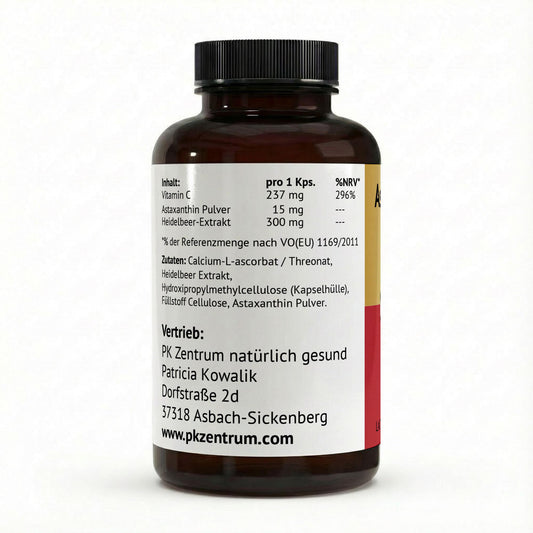 Detailansicht der Inhaltsstoffe pro Kapsel: 237mg Vitamin C, 15mg Astaxanthin Pulver und 300mg Heidelbeer-Extrakt sowie die Liste der Zutaten.