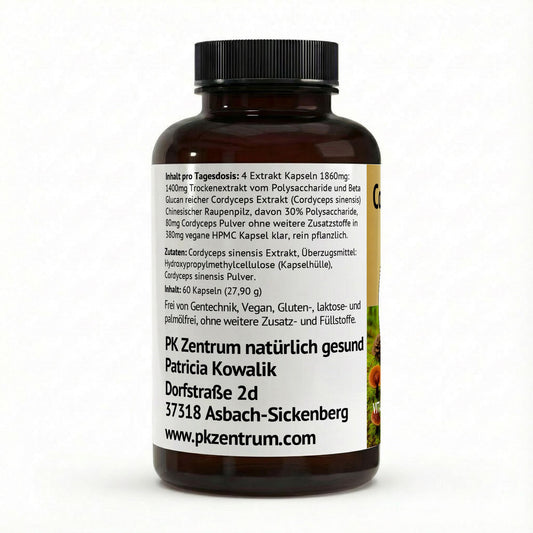 Detaillierte Inhaltsstoffe des Cordyceps Extraktes: 1400mg Trockenextrakt mit 30% Polysacchariden und Beta-Glucan pro Tagesdosis.