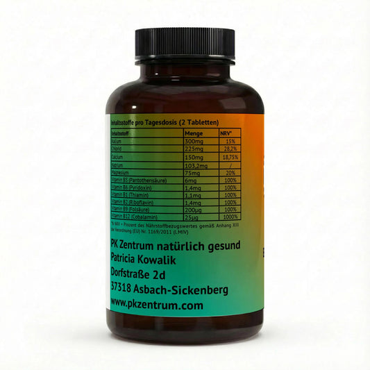 Detaillierte Nährwerttabelle des Elektrolyt Komplex mit Angaben zu Kalium, Magnesium, Calcium und Vitaminen B1, B2, B6, B12 pro Tagesdosis.
