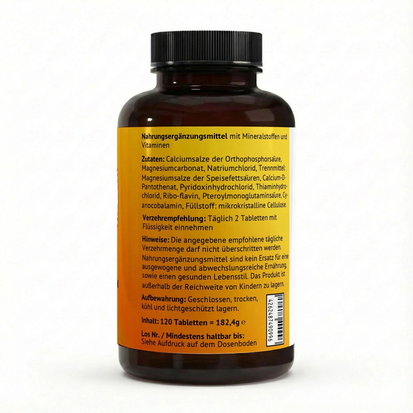 Rückseite der Elektrolyt Komplex Dose mit Zutatenliste, Verzehrempfehlung von 2 Tabletten täglich und Aufbewahrungshinweisen.