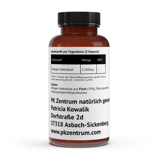 Rückseite des Etiketts der Fisch-Kollagen Kapseln mit Inhaltsstoffen (1.560mg Kollagen Hydrolysat) und Verzehrempfehlung vom PK Zentrum natürlich gesund.