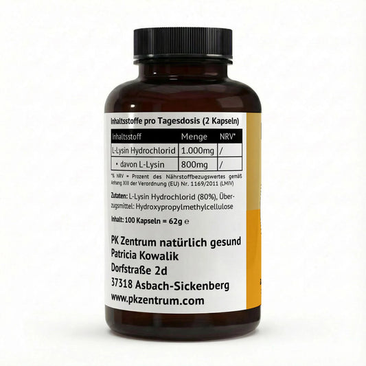 Etikett der L-Lysin Kapseln von PK Zentrum mit Nährwerttabelle und Zutatenliste. Zeigt 1.000 mg L-Lysin Hydrochlorid pro Tagesdosis sowie die Herstelleradresse in Asbach-Sickenberg.