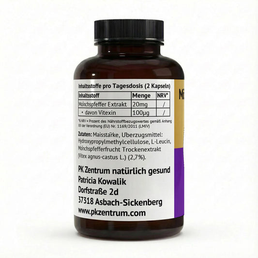 Nährwerttabelle der Mönchspfeffer Kapseln: 20mg Extrakt und 100µg Vitexin pro Tagesdosis inklusive vollständiger Zutatenliste.