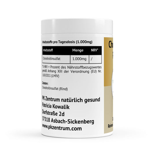 Nährwerttabelle des Chondroitin Pulvers mit 1.000mg Chondroitinsulfat vom Rind pro Tagesdosis und Herstelleradresse PK Zentrum.