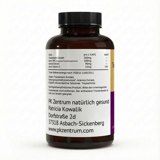 Detaillierte Nährwerttabelle und Zutaten des OPC Traubenkernextrakts mit Angabe von Vitamin C, Acerola Extrakt und angaben vom PK Zentrum natürlich gesund Patricia Kowalik.