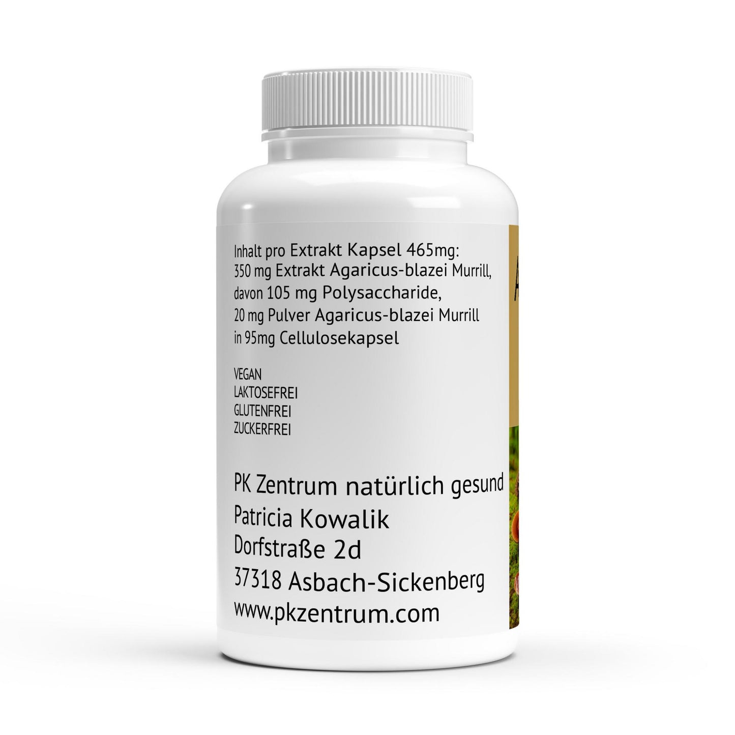 Etikett Agaricus Vitalpilz Extrakt mit Inhaltsstoffen.