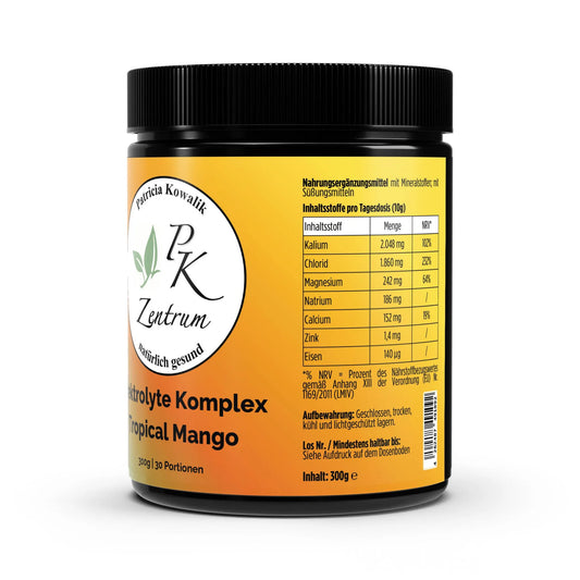 Detaillierte Tabelle der Inhaltsstoffe pro 10g Tagesdosis für PK Zentrum ElektrolyteKomplex, inklusive NRV-Werten für Kalium und Magnesium.