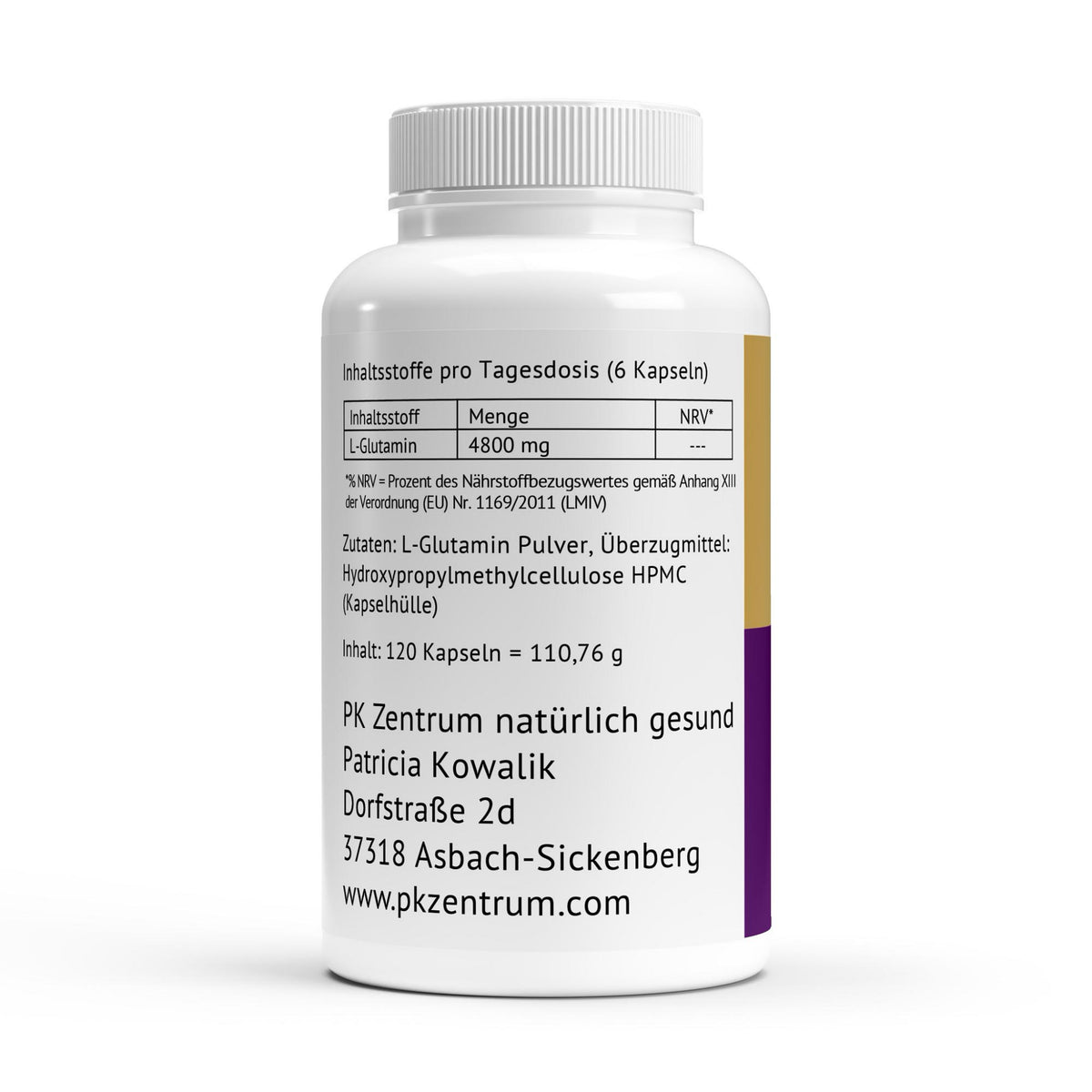 Rückseite der PK Zentrum L-Glutamin Kapseln mit Zutatenliste, 4.800 mg L-Glutamin pro Tagesdosis und Produktangaben.