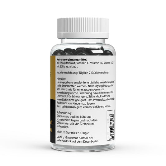 PK Zentrum natürlich gesund, Rückseite der Dose mit Verzehrempfehlung und Inhaltsstoffen der Shilajit Gummies.