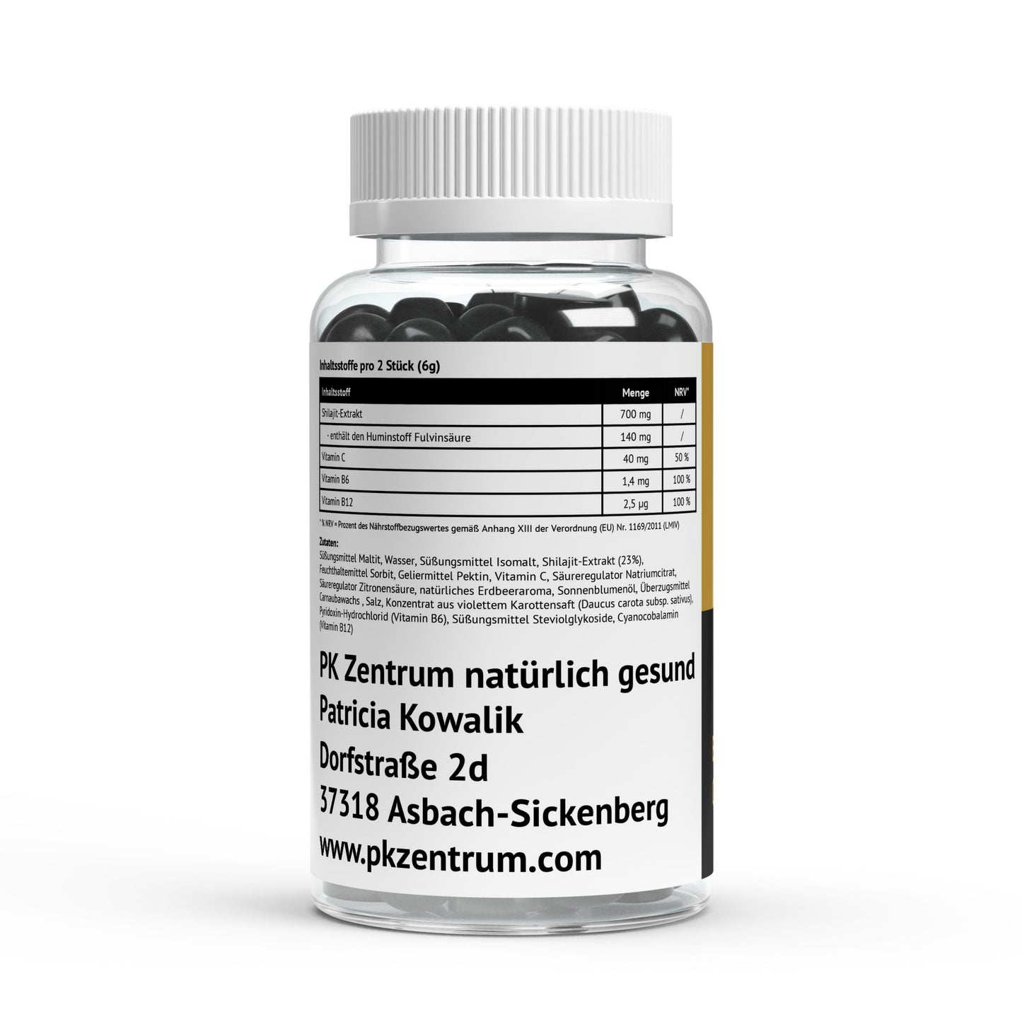PK Zentrum natürlich gesund, Nährwerttabelle der Shilajit Gummies mit Vitamin C, B6 und B12.