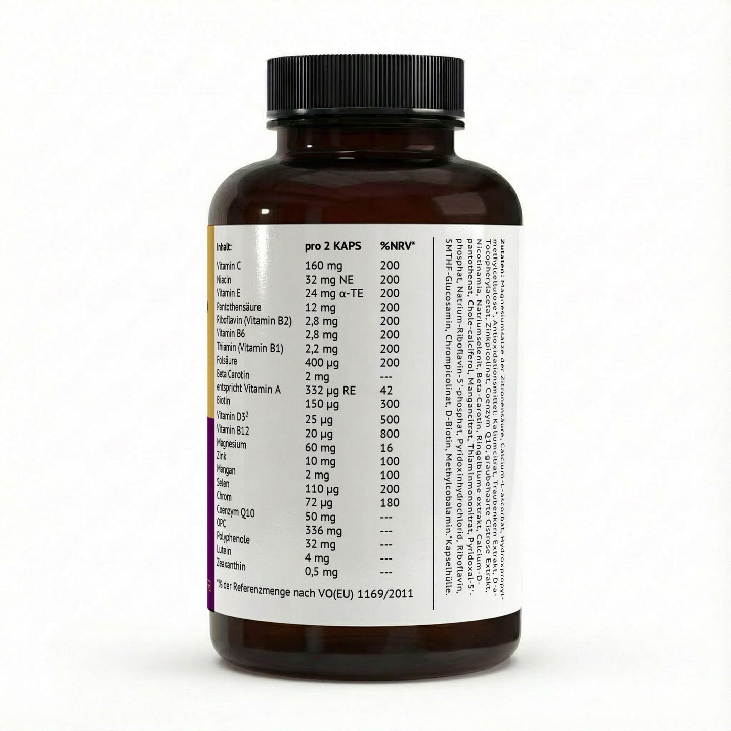 Inhaltsstoffe und Nährwerttabelle pro 2 Kapseln der PK Zentrum TagesBasis mit Prozentangaben der Referenzmenge (NRV) für Vitamine und Mineralstoffe.
