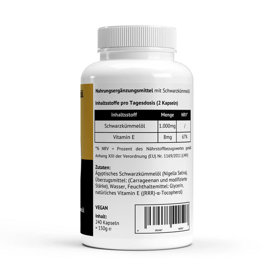 Nährwerttabelle und Zutatenliste des Ägyptischen Schwarzkümmelöls mit 1.000mg Öl und 8mg Vitamin E pro Tagesdosis.