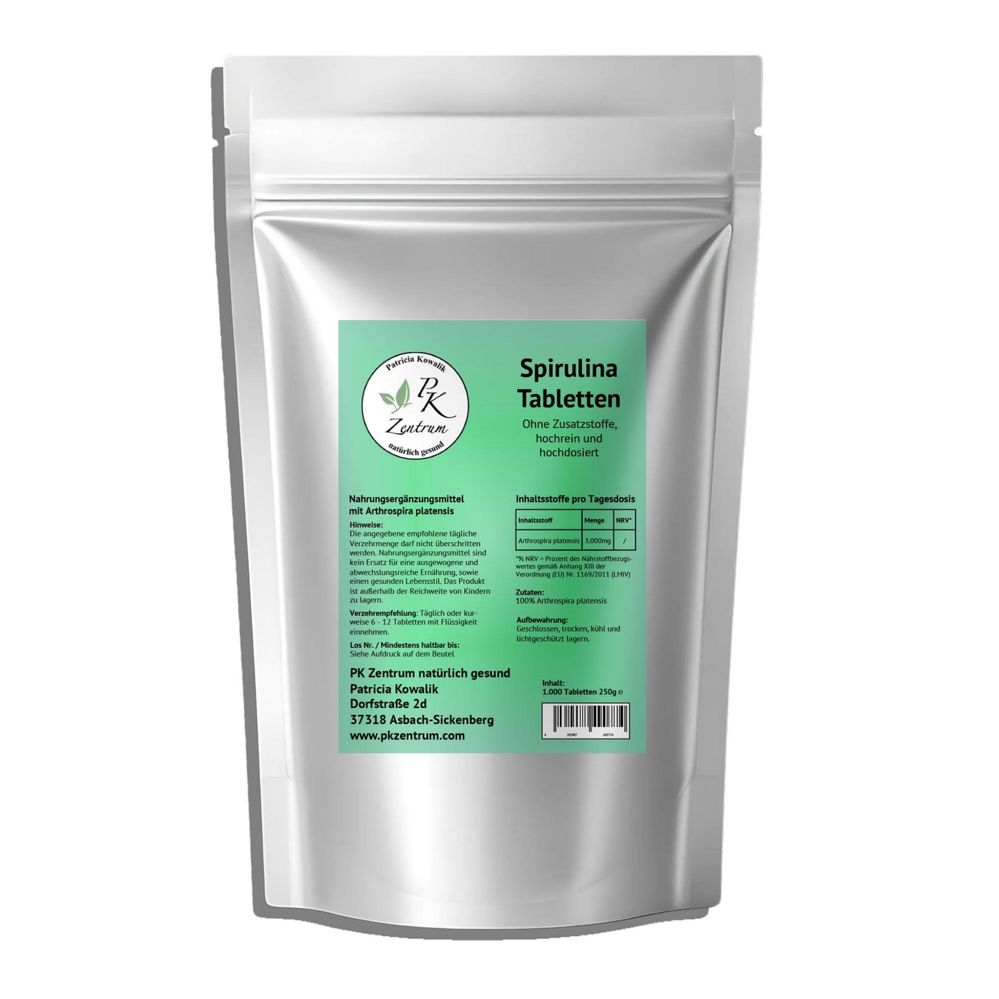 Packung PK Zentrum Spirulina Tabletten 100% Arthrospira platensis ohne Zusatzstoffe 1000 Tabletten 250g