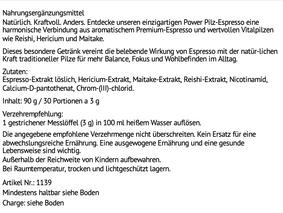 Power Pilz-Espresso MIT VITALPILZEN 90g Pulver