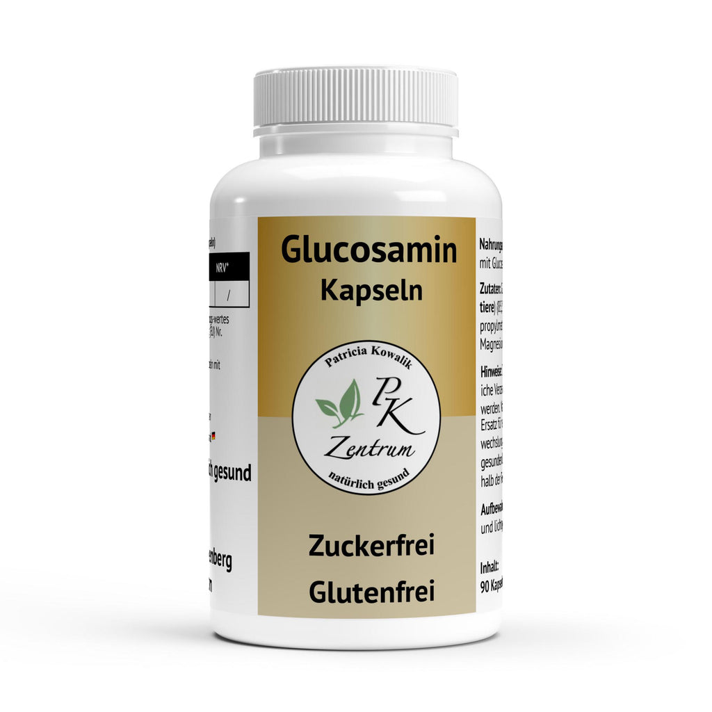 Glucosamin Kapseln von PK Zentrum natürlich gesund, 90 Kapseln, zuckerfrei und glutenfrei in der Frontansicht.