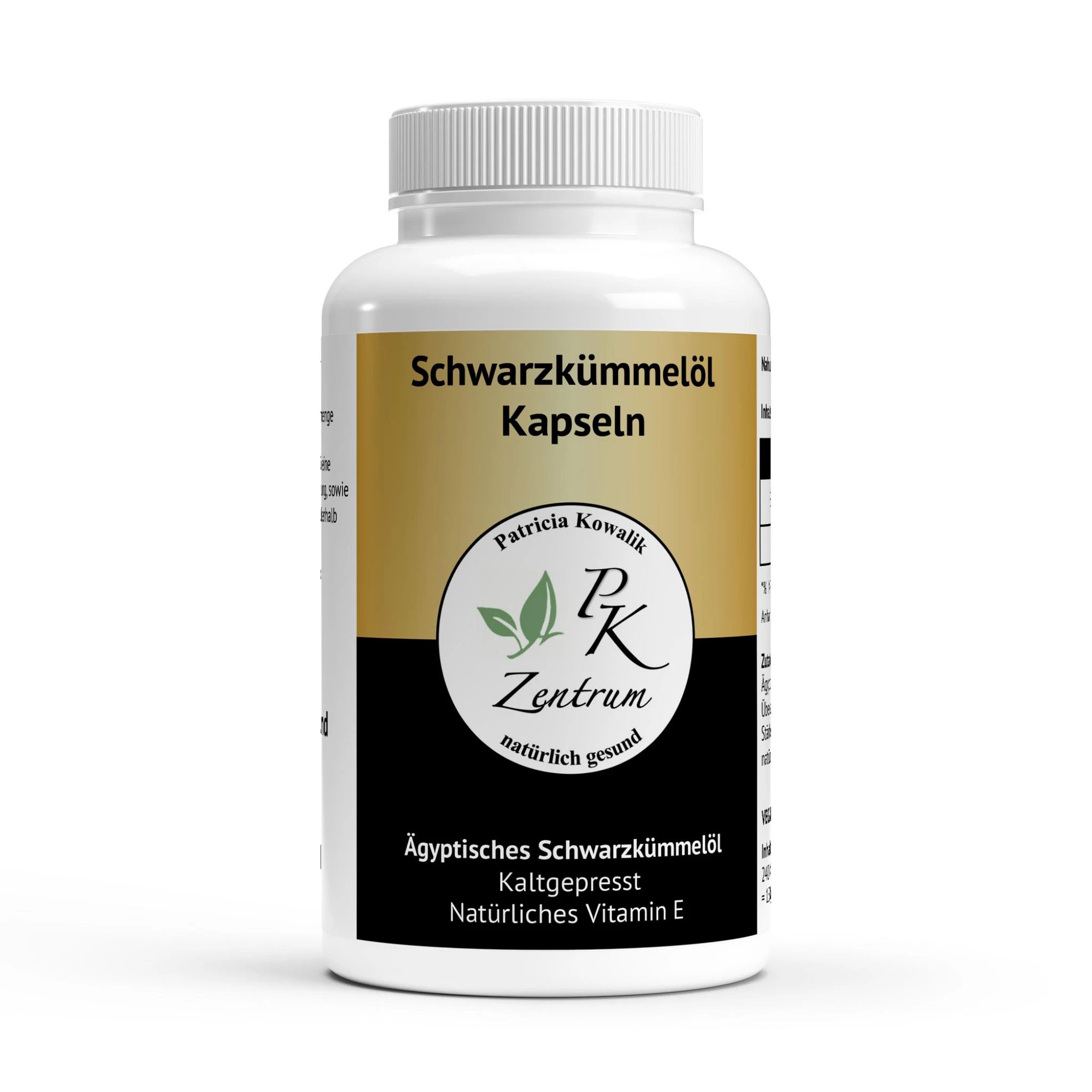 Vorderansicht der Dose Ägyptisches Schwarzkümmelöl vom PK Zentrum, kaltgepresst und vegan mit natürlichem Vitamin E.