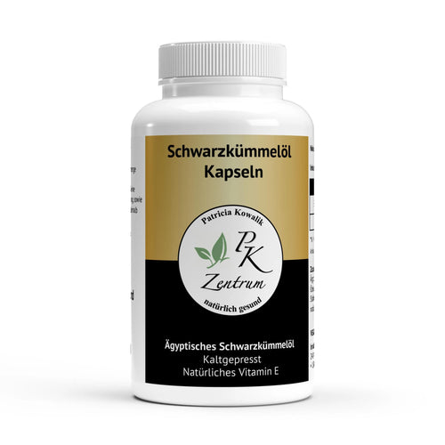 Vorderansicht der Dose Ägyptisches Schwarzkümmelöl vom PK Zentrum, kaltgepresst und vegan mit natürlichem Vitamin E.
