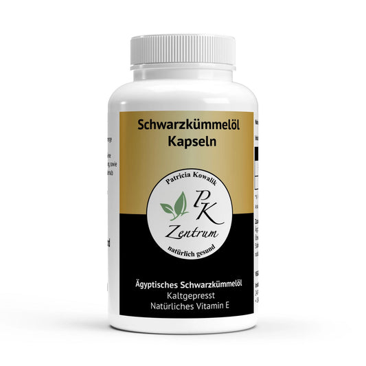 Vorderansicht der Dose Ägyptisches Schwarzkümmelöl vom PK Zentrum, kaltgepresst und vegan mit natürlichem Vitamin E.