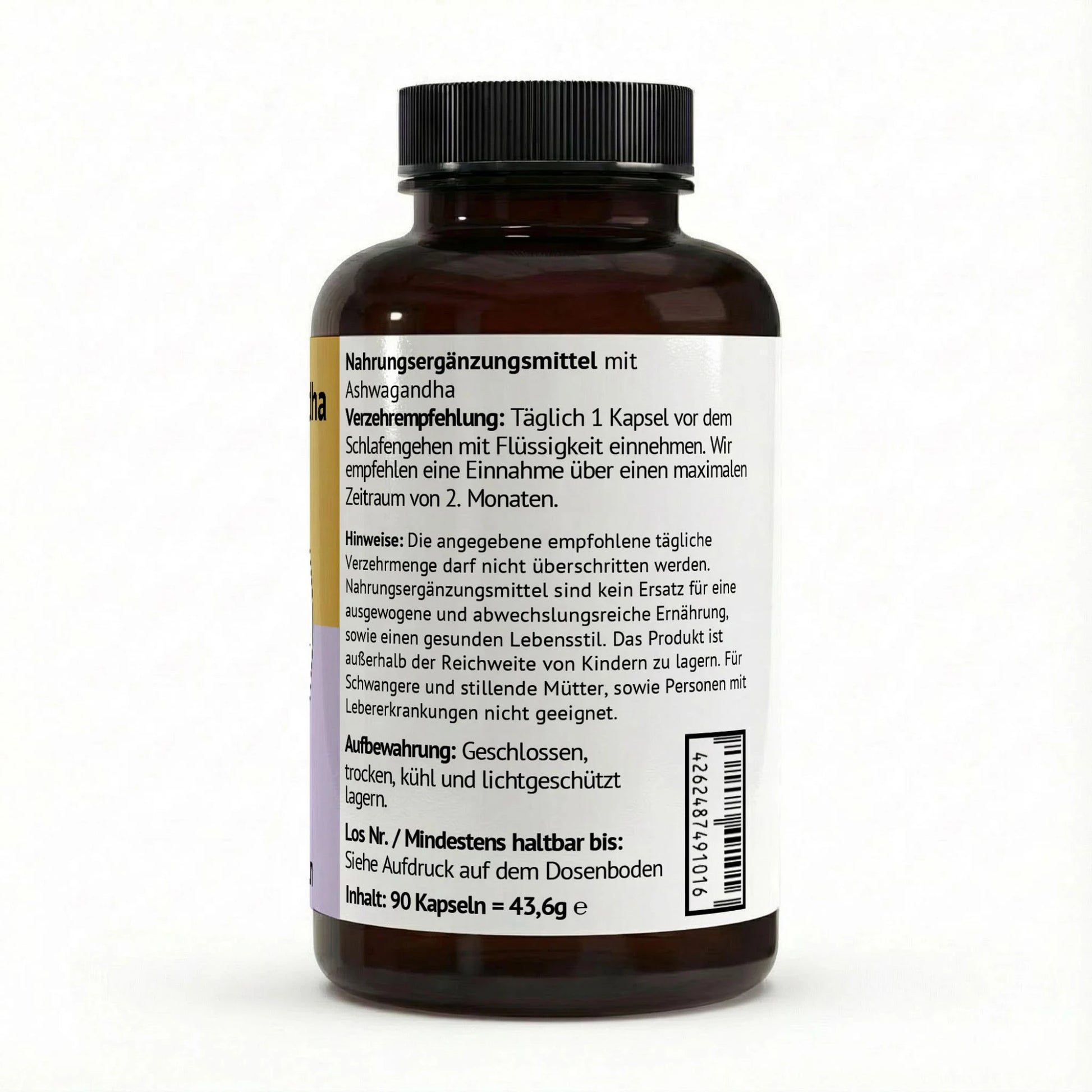 Rückseite der Ashwagandha-Dose mit Informationen zur täglichen Einnahme von 1 Kapsel vor dem Schlafengehen.