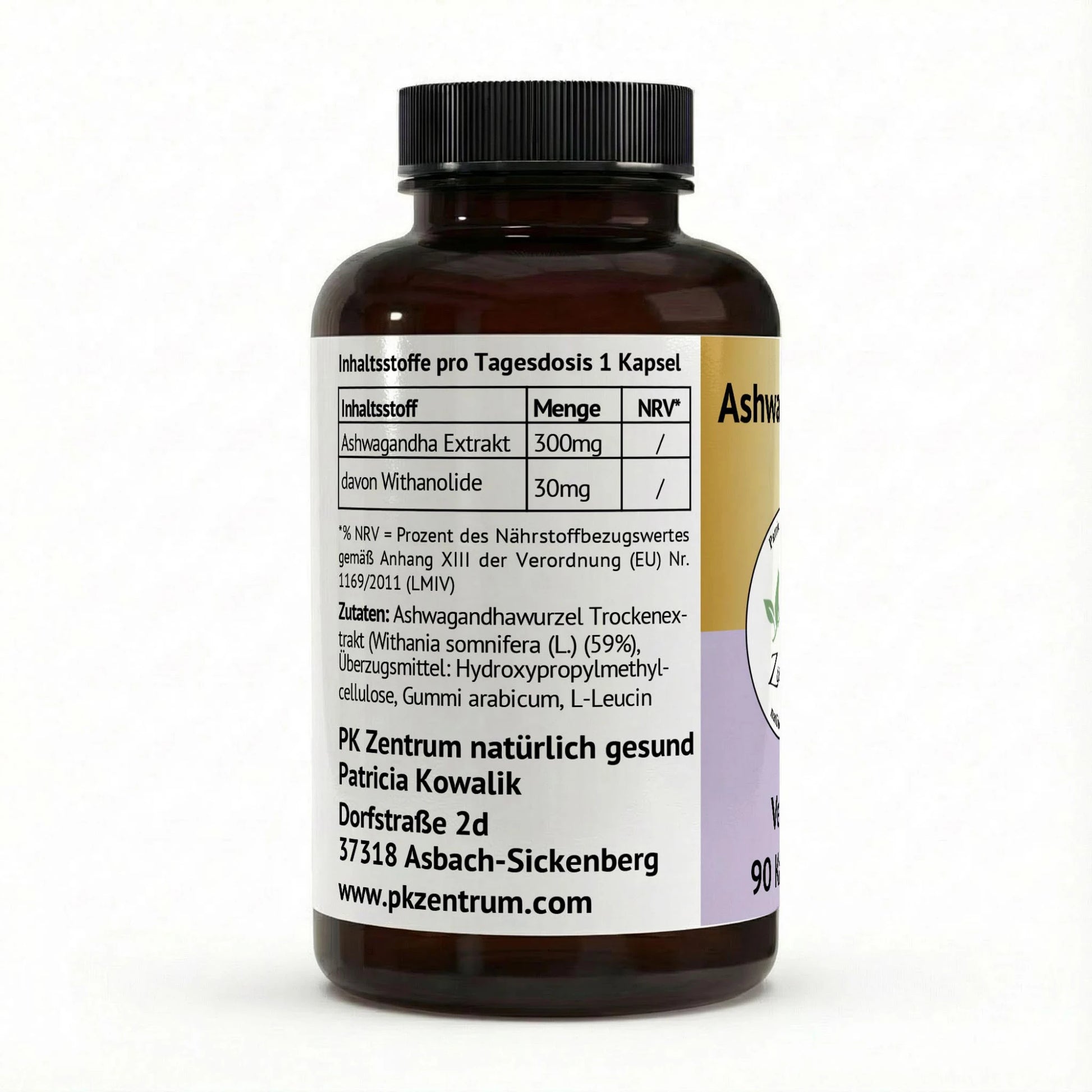 Nährwerttabelle der Ashwagandha-Kapseln: 300mg Ashwagandha Extrakt mit 30mg Withanoliden pro Kapsel.