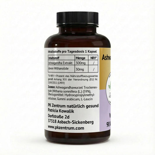 Nährwerttabelle der Ashwagandha-Kapseln: 300mg Ashwagandha Extrakt mit 30mg Withanoliden pro Kapsel.