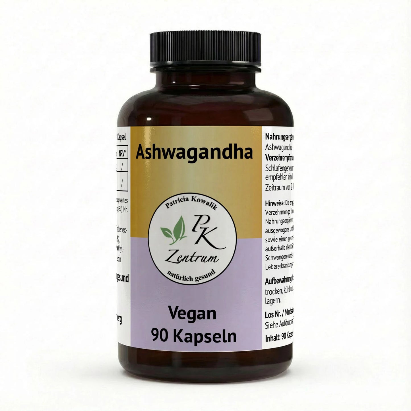 PK Zentrum Ashwagandha Kapseln, 90 vegane Kapseln in der Braunglasdose, Logo vom PK Zentrum natürlich gesund.
