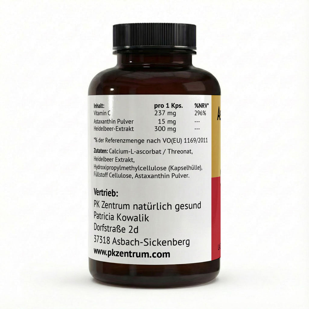 Detailansicht der Inhaltsstoffe pro Kapsel: 237mg Vitamin C, 15mg Astaxanthin Pulver und 300mg Heidelbeer-Extrakt sowie die Liste der Zutaten.