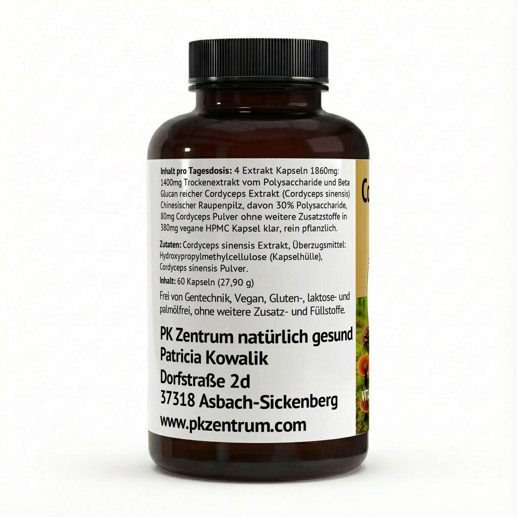 Detaillierte Inhaltsstoffe des Cordyceps Extraktes: 1400mg Trockenextrakt mit 30% Polysacchariden und Beta-Glucan pro Tagesdosis.