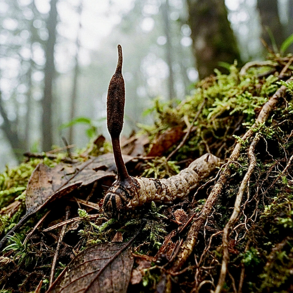 Ein echter Cordyceps sinensis (Chinesischer Raupenpilz) in seiner natürlichen, bewaldeten Umgebung auf Moosboden.