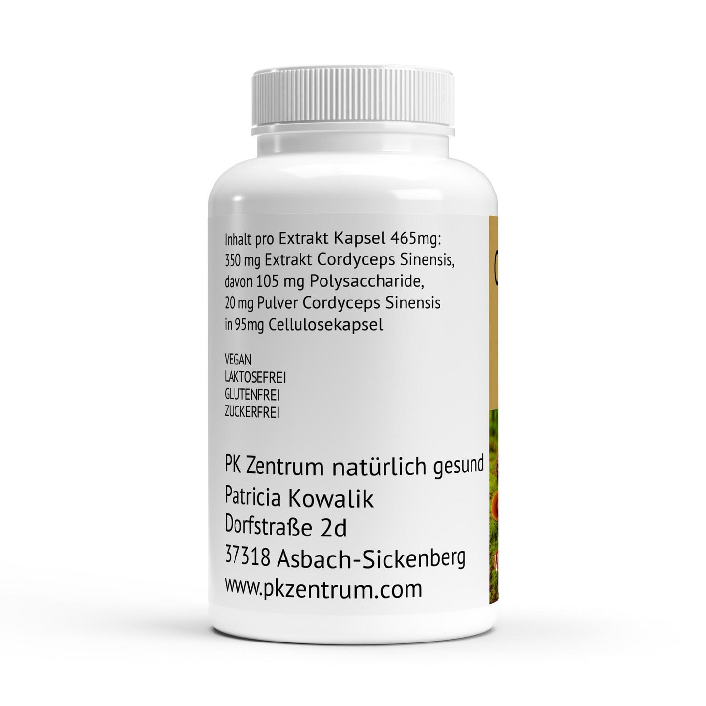 Etikett der Cordyceps Vitalpilz Kapseln mit Angaben zu Inhaltsstoffenund Firmenangaben vom PK Zentrum natürlich gesund.
