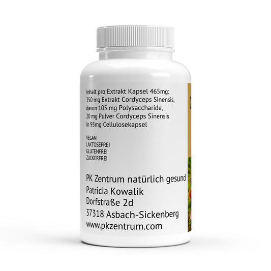 Etikett der Cordyceps Vitalpilz Kapseln mit Angaben zu Inhaltsstoffenund Firmenangaben vom PK Zentrum natürlich gesund.
