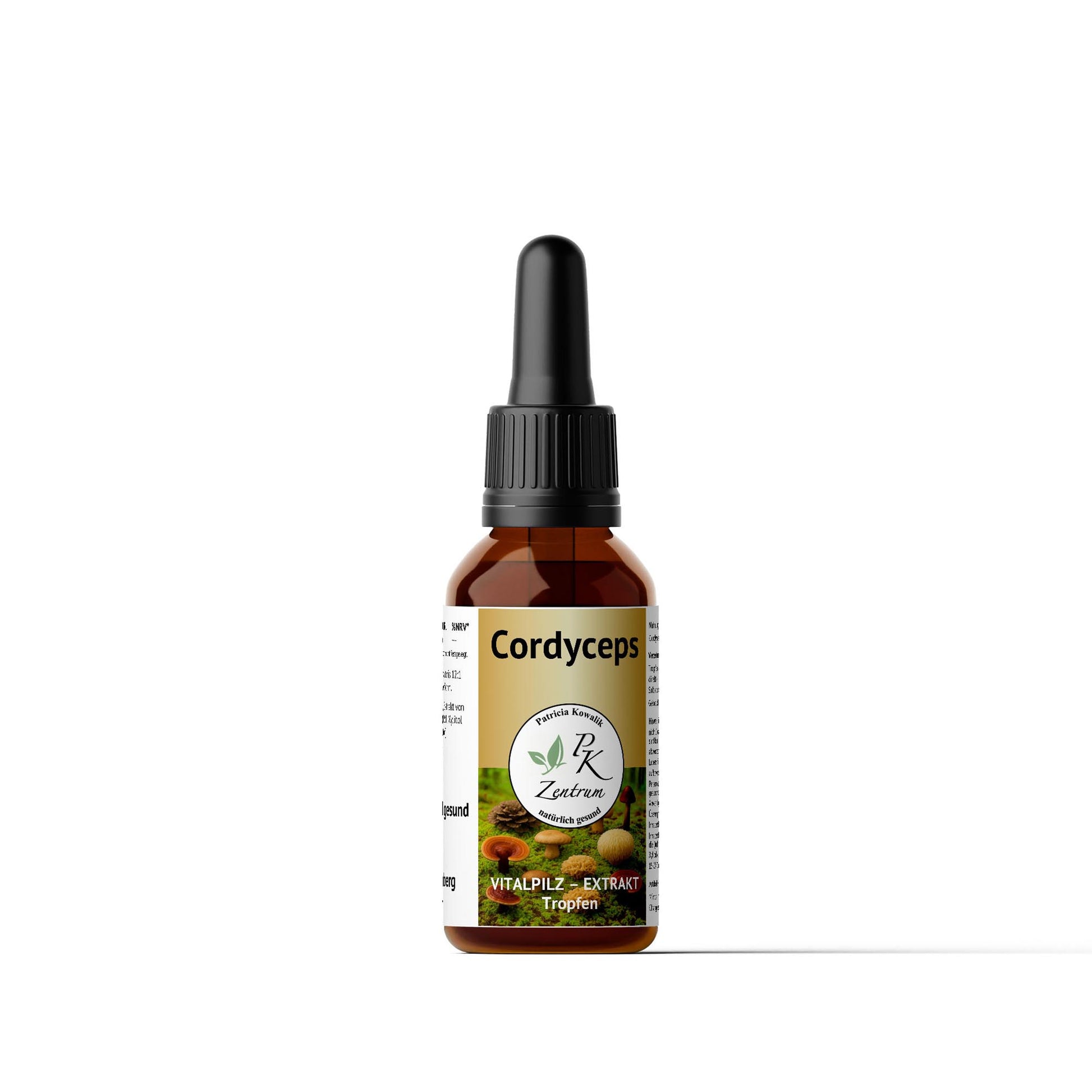 Braunglasflasche mit Pipette: Cordyceps Vitalpilz-Extrakt Tropfen von PK Zentrum natürlich gesund.