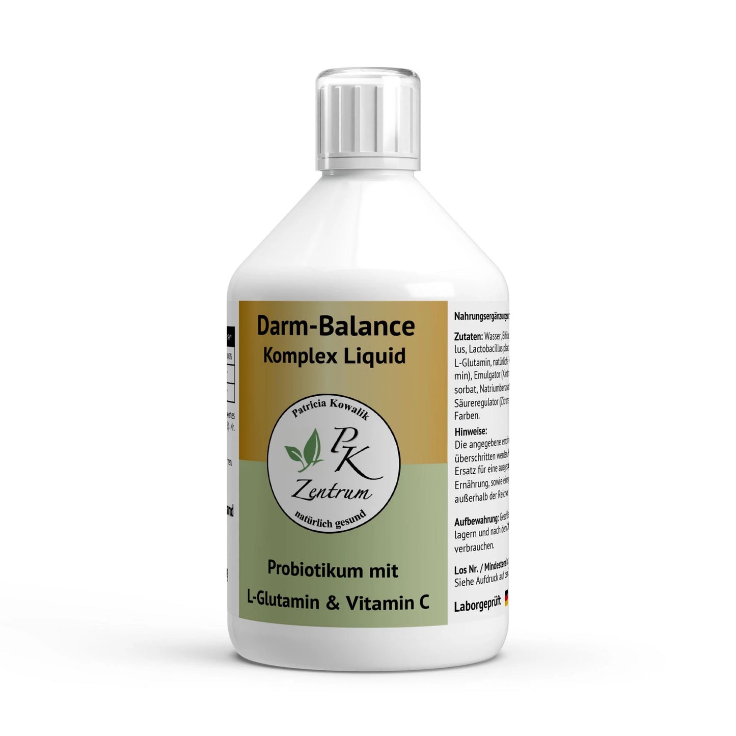 Frontansicht der 500ml Flasche "Darm-Balance Komplex Liquid" von PK Zentrum, ein Probiotikum mit L-Glutamin und Vitamin C.