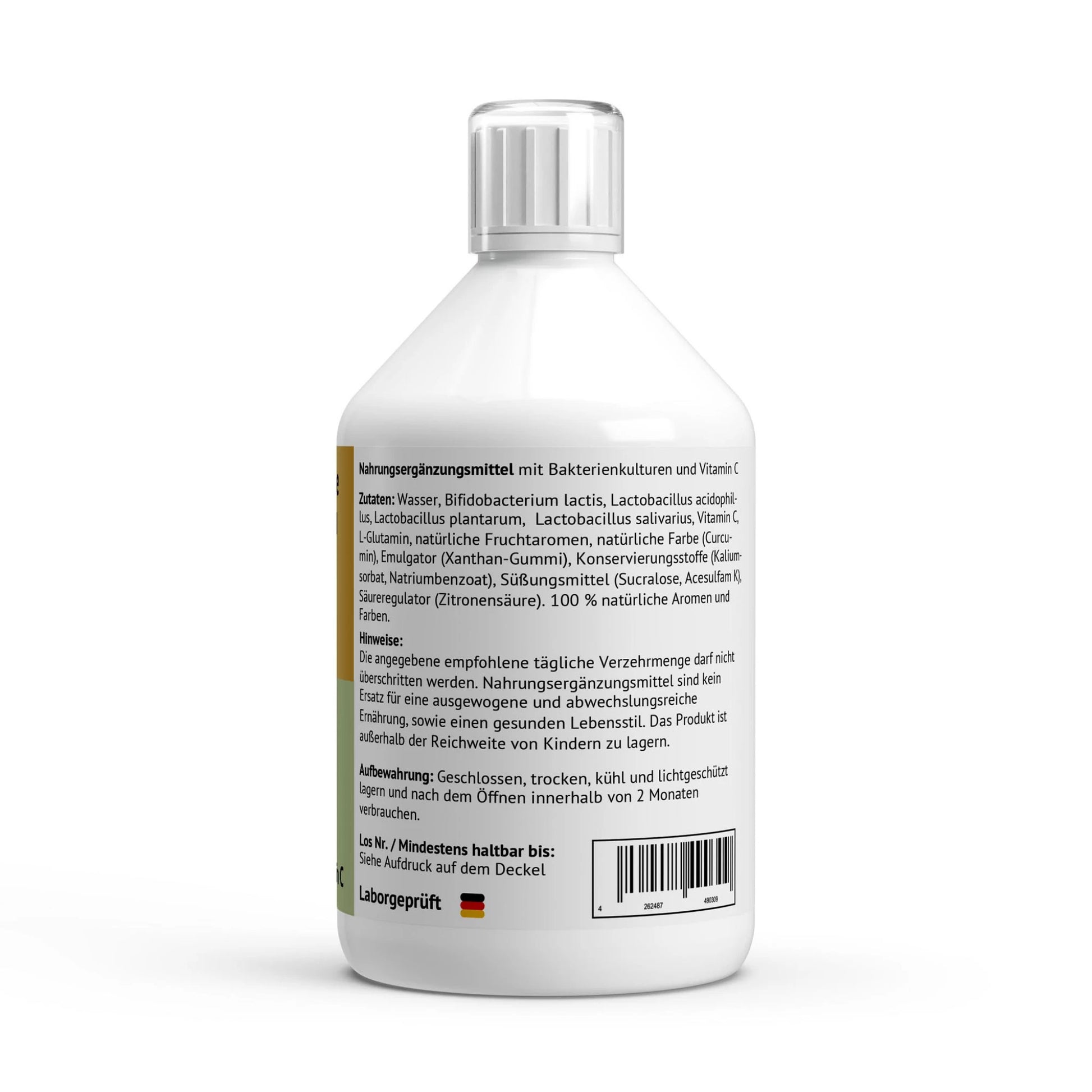 Rückansicht der Flasche "Darm-Balance Komplex Liquid" mit Fokus auf die Zutatenliste (Bakterienkulturen, Vitamin C, L-Glutamin) und die Aufbewahrungshinweise.