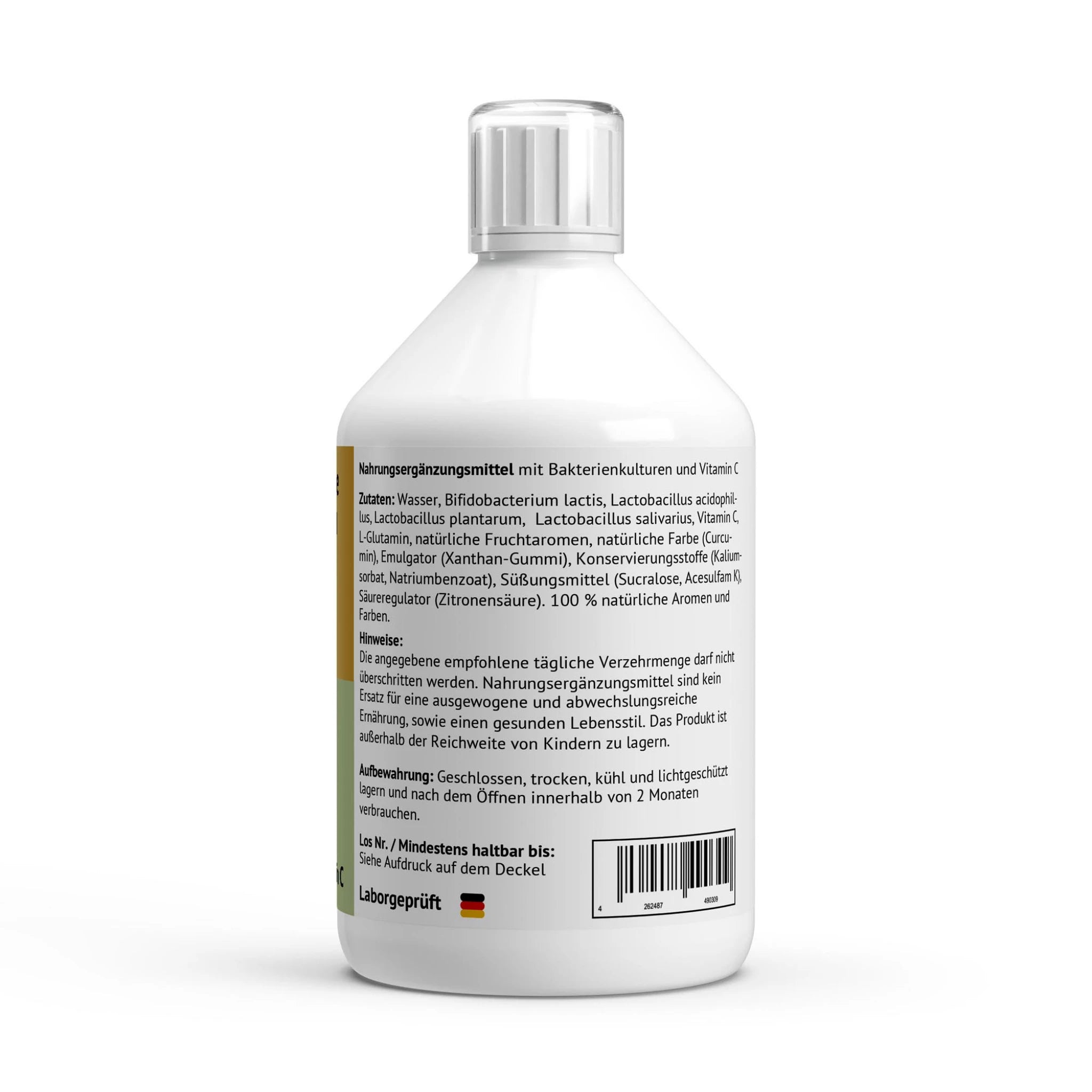 Rückansicht der Flasche "Darm-Balance Komplex Liquid" mit Fokus auf die Zutatenliste (Bakterienkulturen, Vitamin C, L-Glutamin) und die Aufbewahrungshinweise.