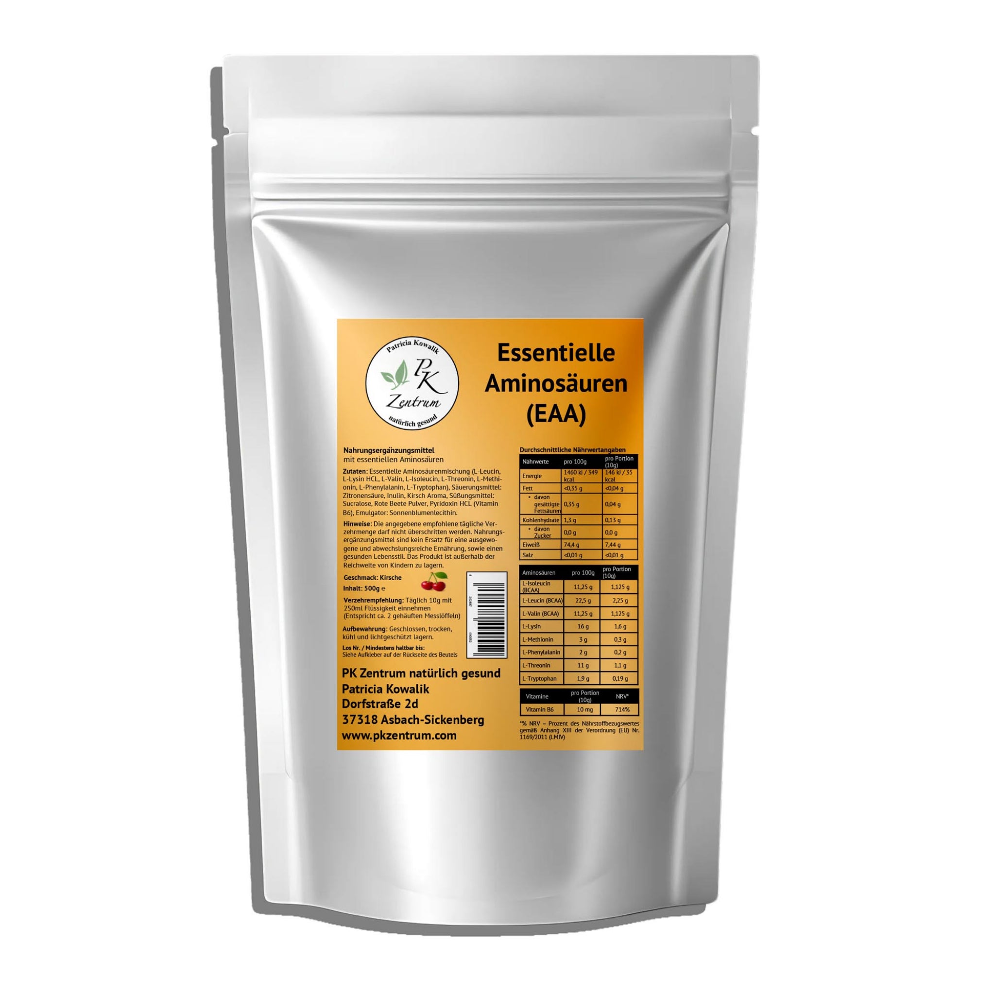 Dose mit 500g essentiellen Aminosäuren Pulver in der Geschmacksrichtung Kirsche von PK Zentrum natürlich gesund.