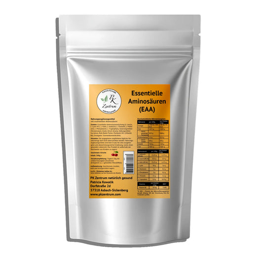 Dose mit 500g essentiellen Aminosäuren Pulver in der Geschmacksrichtung Kirsche von PK Zentrum natürlich gesund.