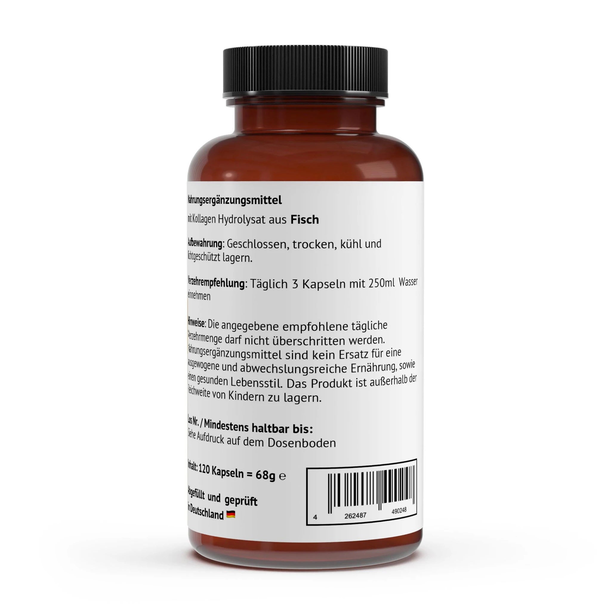 Etikett-Ausschnitt mit Verzehrempfehlung (3 Kapseln täglich), Lagerungshinweisen und dem Siegel "Abgefüllt und geprüft in Deutschland" vom PK Zentrum natürlich gesund.