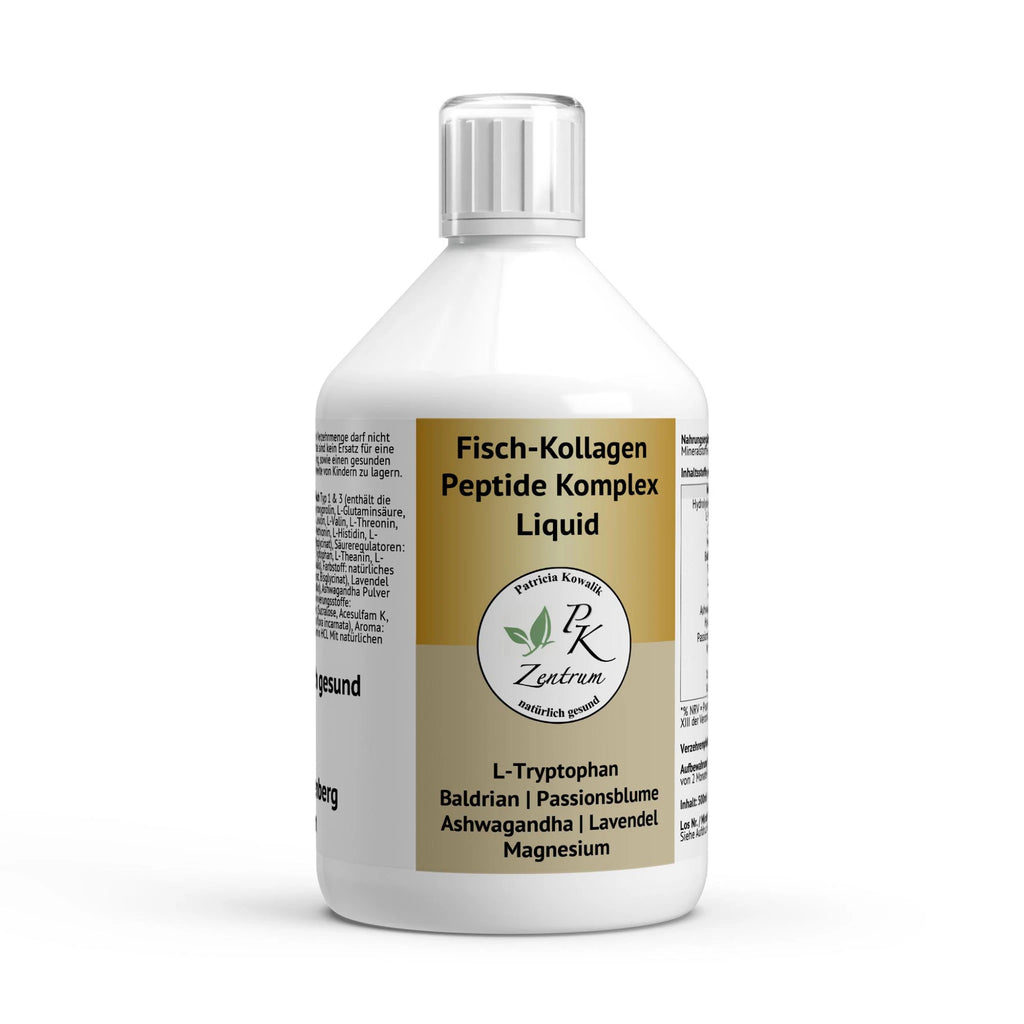 Produktflasche Fisch-Kollagen Peptide Komplex Liquid von PK Zentrum mit L-Tryptophan,Baldrian, Passionsblume, Lavendel, Magnesium und Ashwagandha.