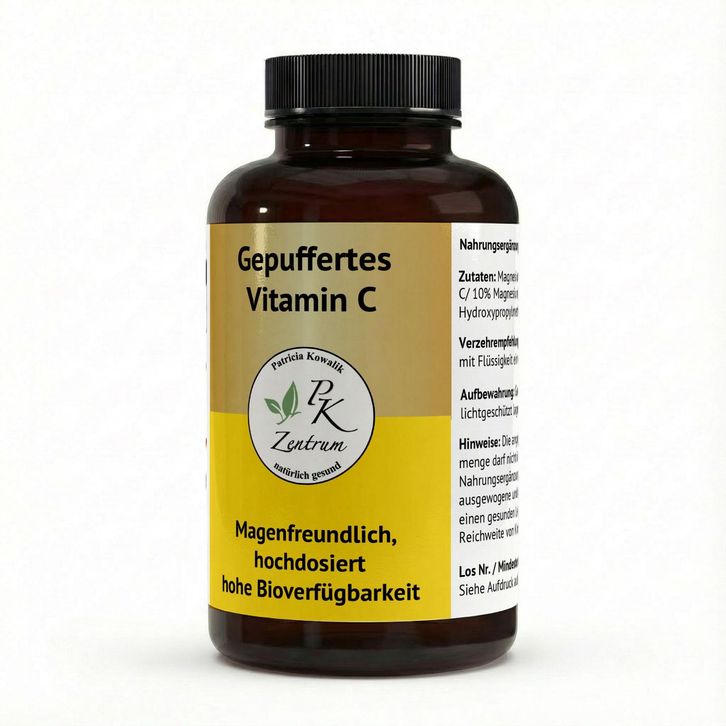Vorderansicht der Vitamin C Dose von PK Zentrum mit dem Aufdruck "Gepuffertes Vitamin C – Magenfreundlich, hochdosiert, hohe Bioverfügbarkeit".