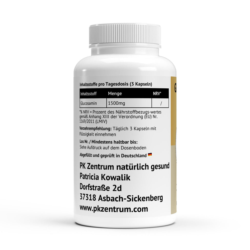 Nährwerttabelle der Glucosamin Kapseln mit Angabe von 1500mg Glucosamin pro Tagesdosis und der Verzehrempfehlung von 3 Kapseln täglich.