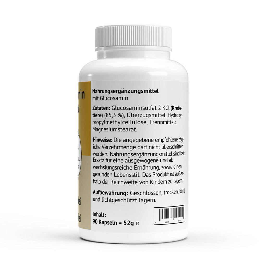 Rückansicht der Glucosamin Kapseln mit Details zu Zutaten wie Glucosaminsulfat 2 KCl und wichtigen Aufbewahrungshinweisen.