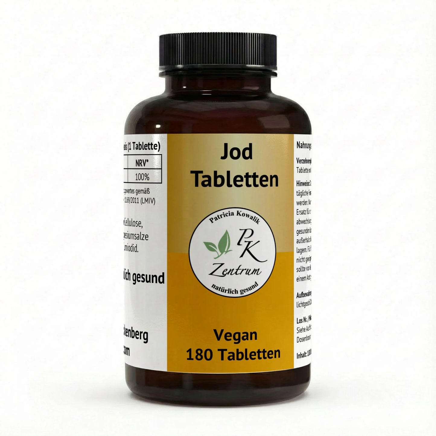 PK Zentrum natürlich gesund Jod Tabletten vegan, 180 Tabletten Vorratspackung, Frontansicht der Braunglasflasche.