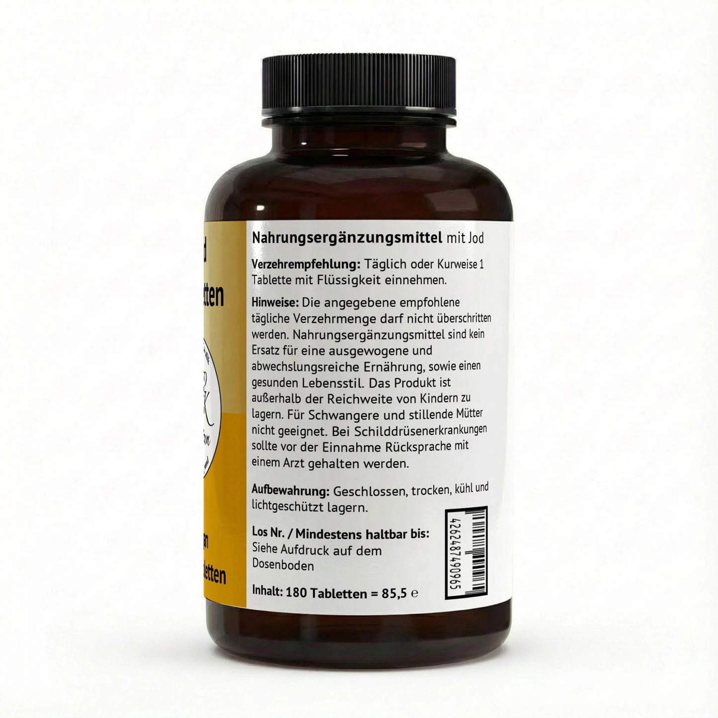 Rückseite der Jod Tabletten mit Verzehrempfehlung und wichtigen Hinweisen zur Aufbewahrung und Sicherheit.