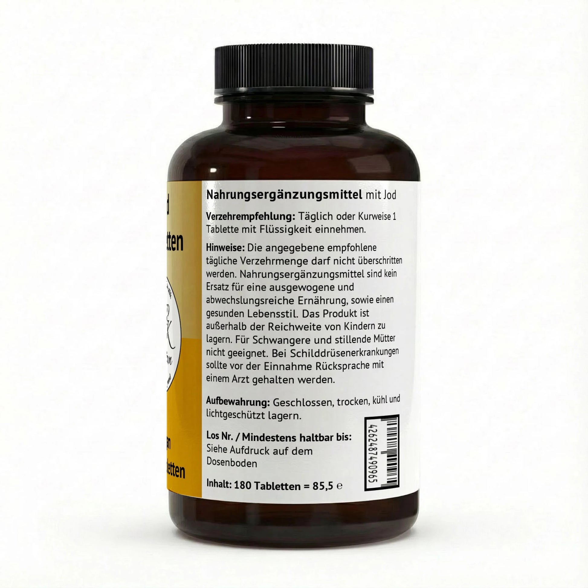 Rückseite der Jod Tabletten mit Verzehrempfehlung und wichtigen Hinweisen zur Aufbewahrung und Sicherheit.