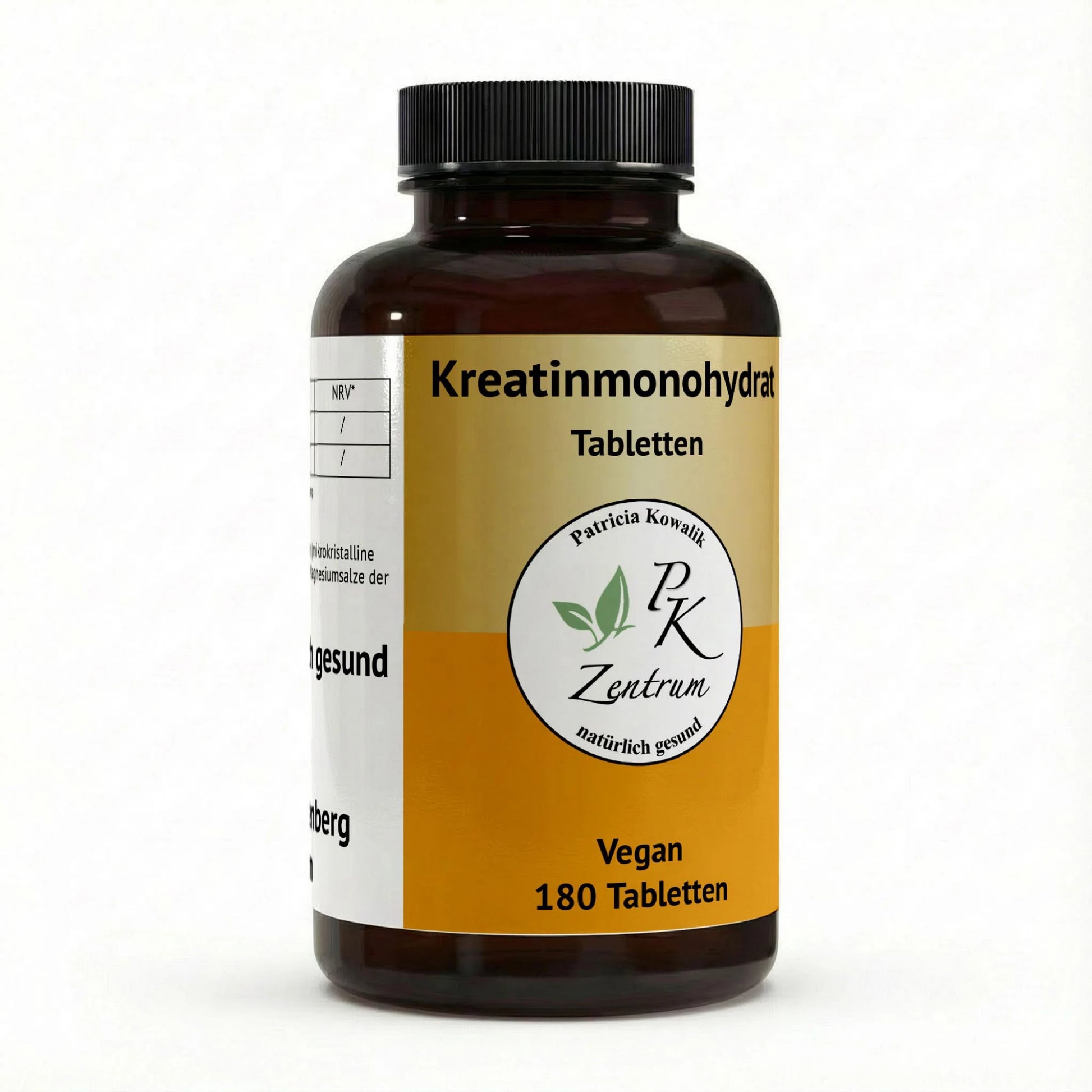 PK Zentrum Kreatin Monohydrat Tabletten, 180 vegane Tabletten, Dose Vorderansicht mit Logo vom PK Zentrum natürlich gesund.