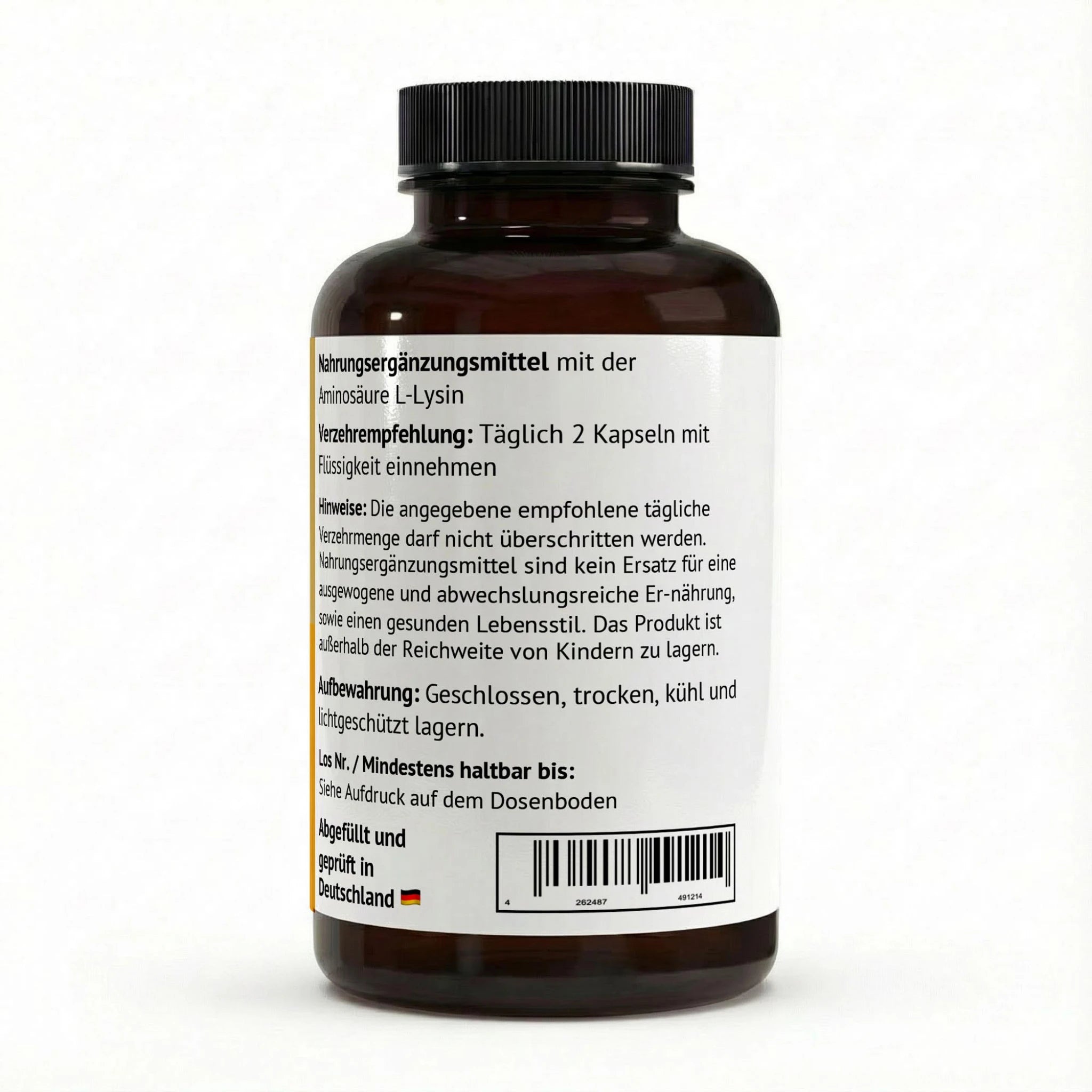 Seitenansicht der L-Lysin Kapseln von PK Zentrum mit der Verzehrempfehlung von täglich 2 Kapseln, Aufbewahrungshinweisen und dem Hinweis "Abgefüllt und geprüft in Deutschland".