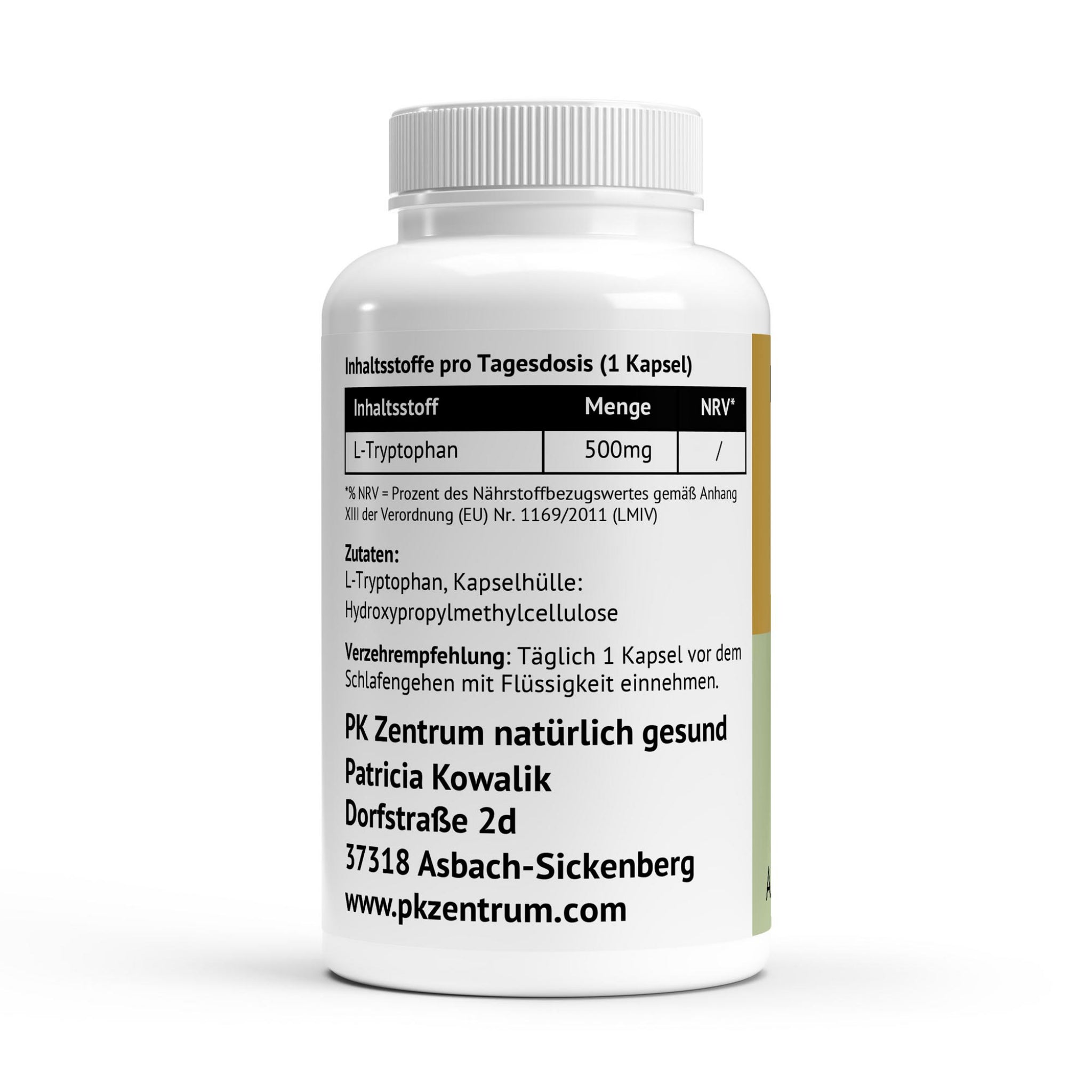 Nährwerttabelle und Zutatenliste: 500 mg L-Tryptophan pro Kapsel sowie die Verzehrempfehlung für PK Zentrum Kapseln.